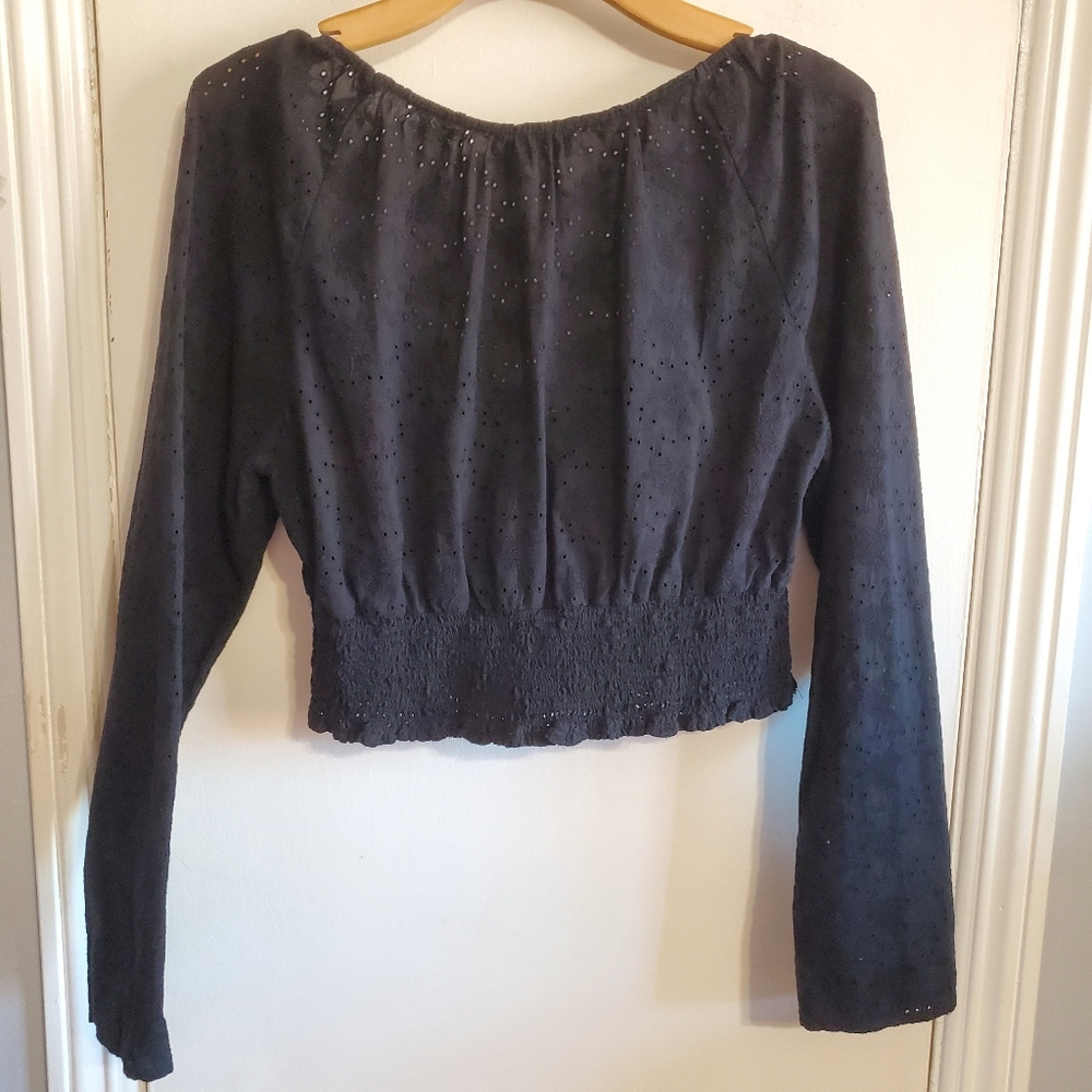 Hollister Black Eyelet Embroidered Flower Milkmaid Top Size L Coquette Cottage - Picture 4 of 13